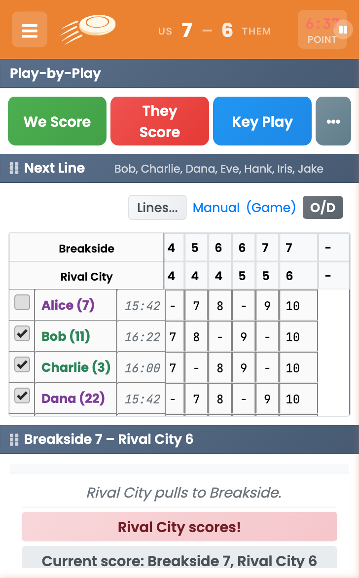 Breakside app showing a game in progress with score, player stats, and play-by-play controls